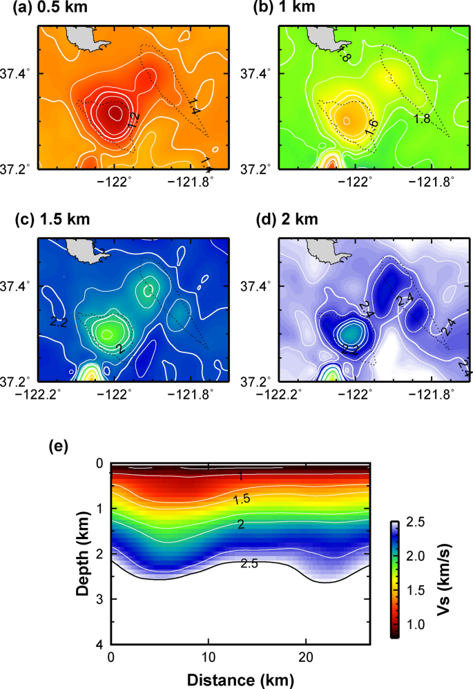Four depth maps and one cross-section of shear-wave velocity in the Santa Clara Valley, with the inferred basin boundary outlined.