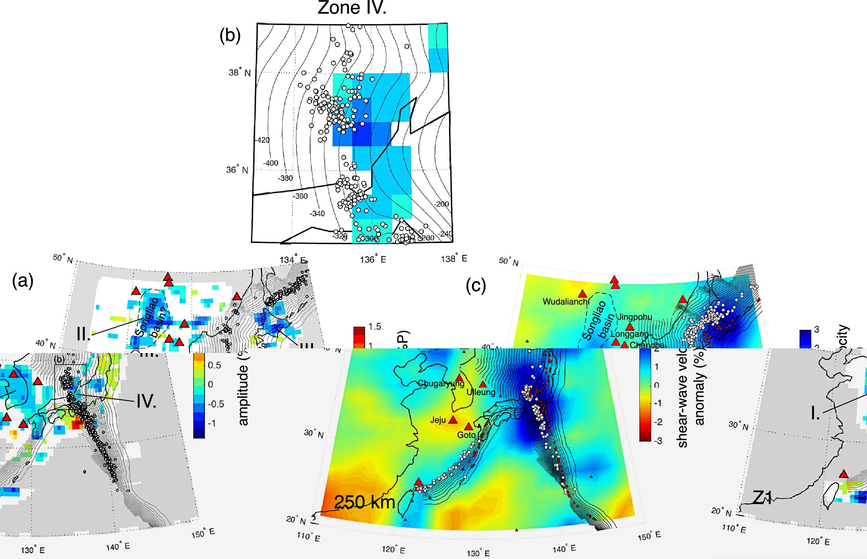Maps of Z1 amplitudes and seismicity in the Japan sector alongside a shear-wave tomography depth slice.