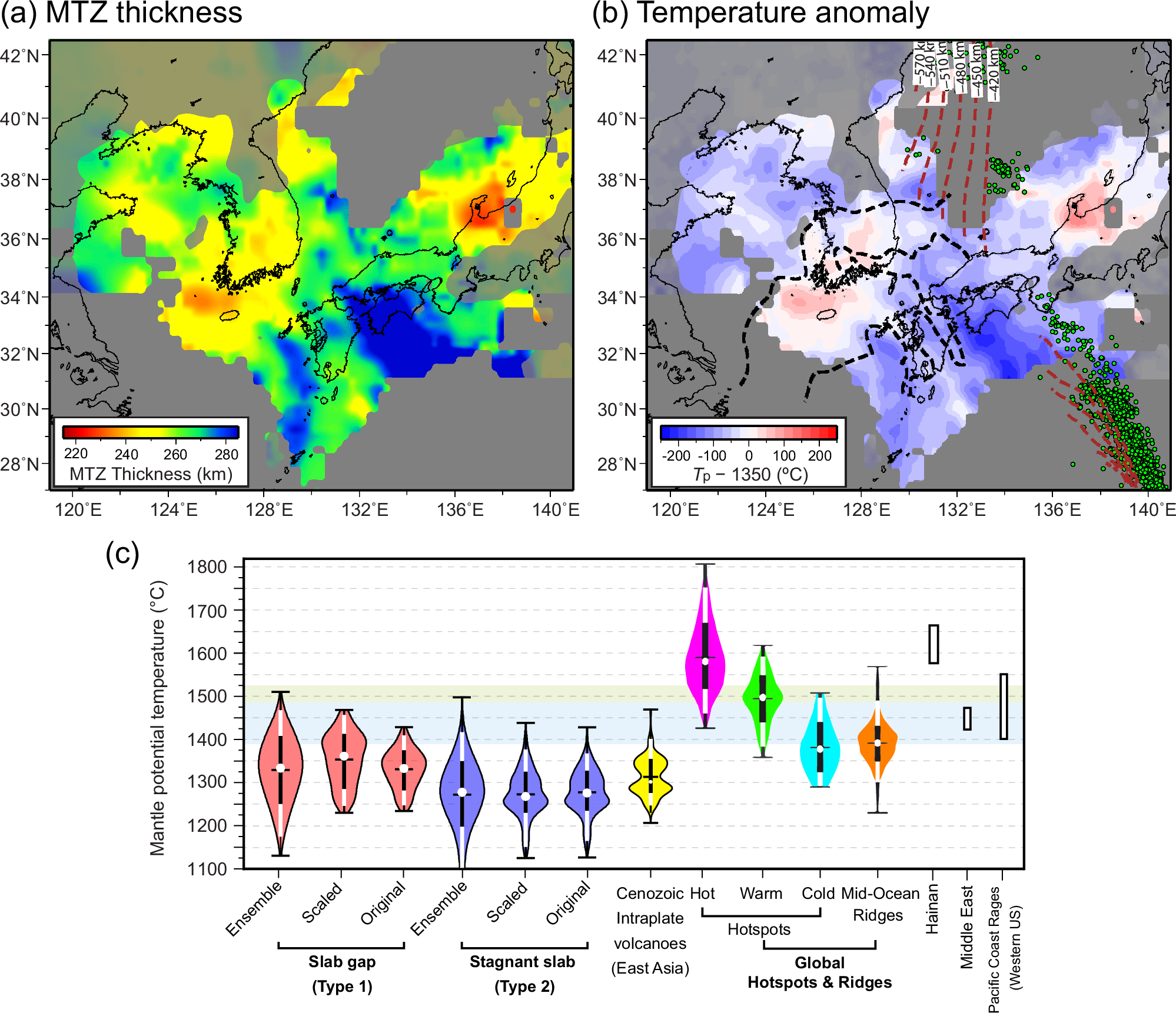 Maps of mantle-transition-zone thickness and inferred temperature anomalies beneath Northeast Asia, with violin plots comparing mantle potential temperatures.